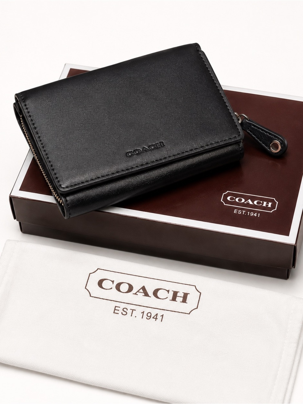 Coach Vintage Unisex Black Leather Bifold Zip Compact Wallet All Inclusive NIB - Picture 12 of 14